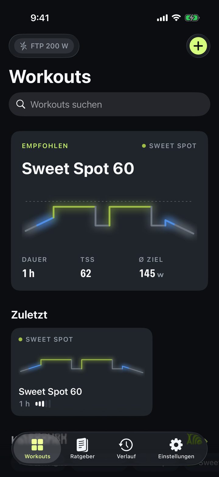 YourIntervals-Workoutübersicht mit dem empfohlenen Workout Sweet Spot 60
