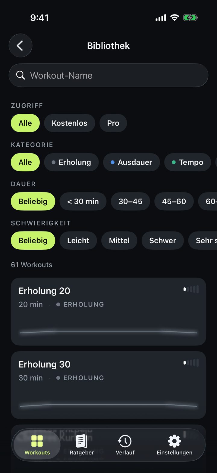 Workout-Bibliothek mit Filtern für Zugriff, Kategorie, Dauer und Schwierigkeit