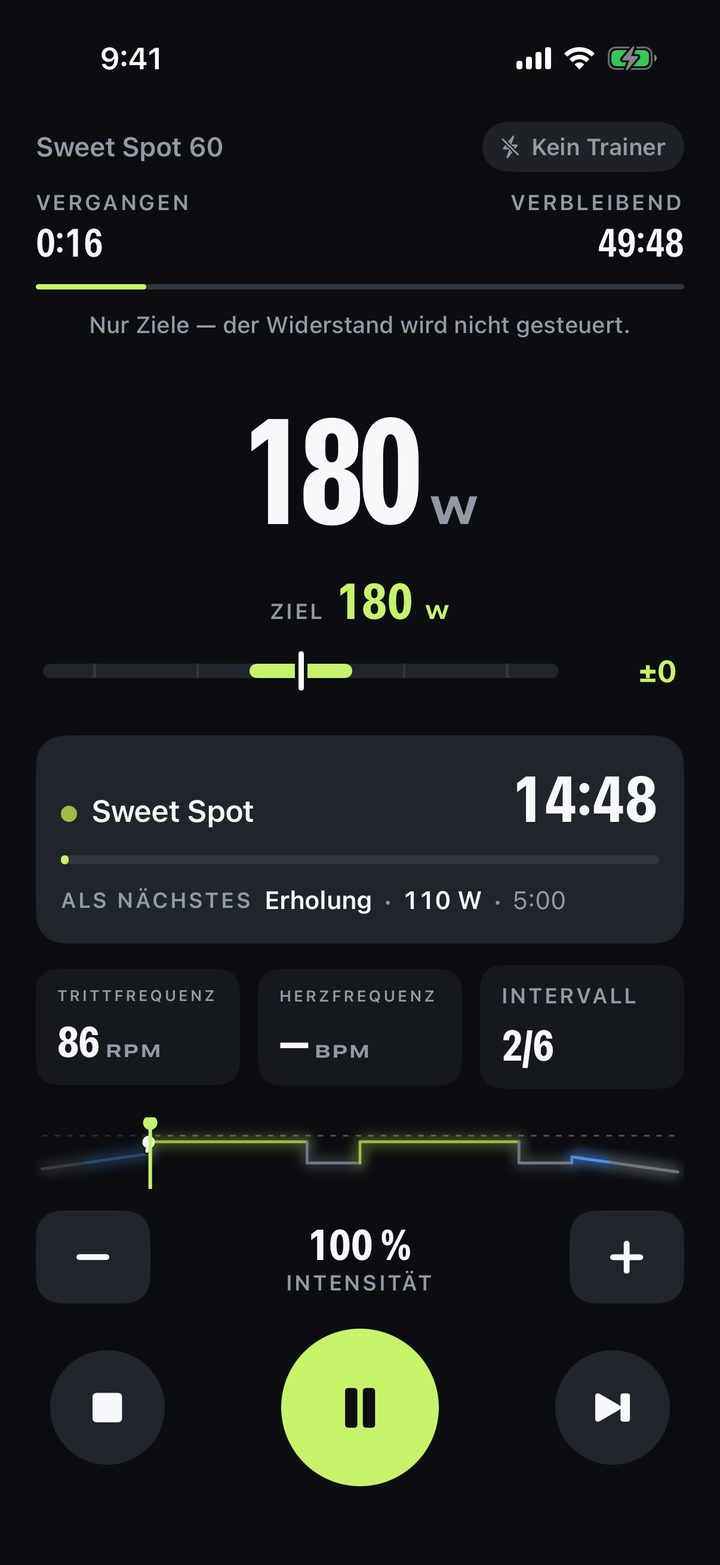 YourIntervals-Player mit einem Ziel von 180 Watt