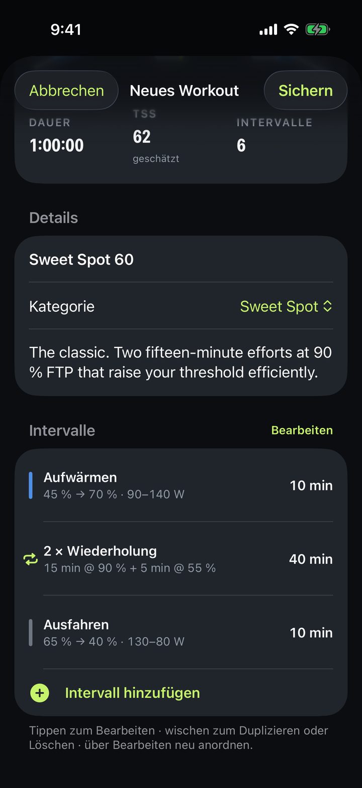 Workout-Editor mit Intervallen und einem Wiederholungsblock
