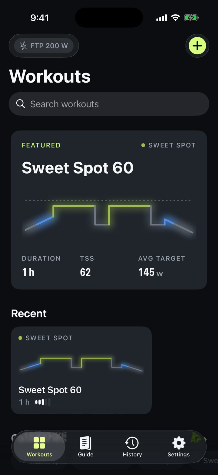 YourIntervals workouts screen with the featured Sweet Spot 60 workout