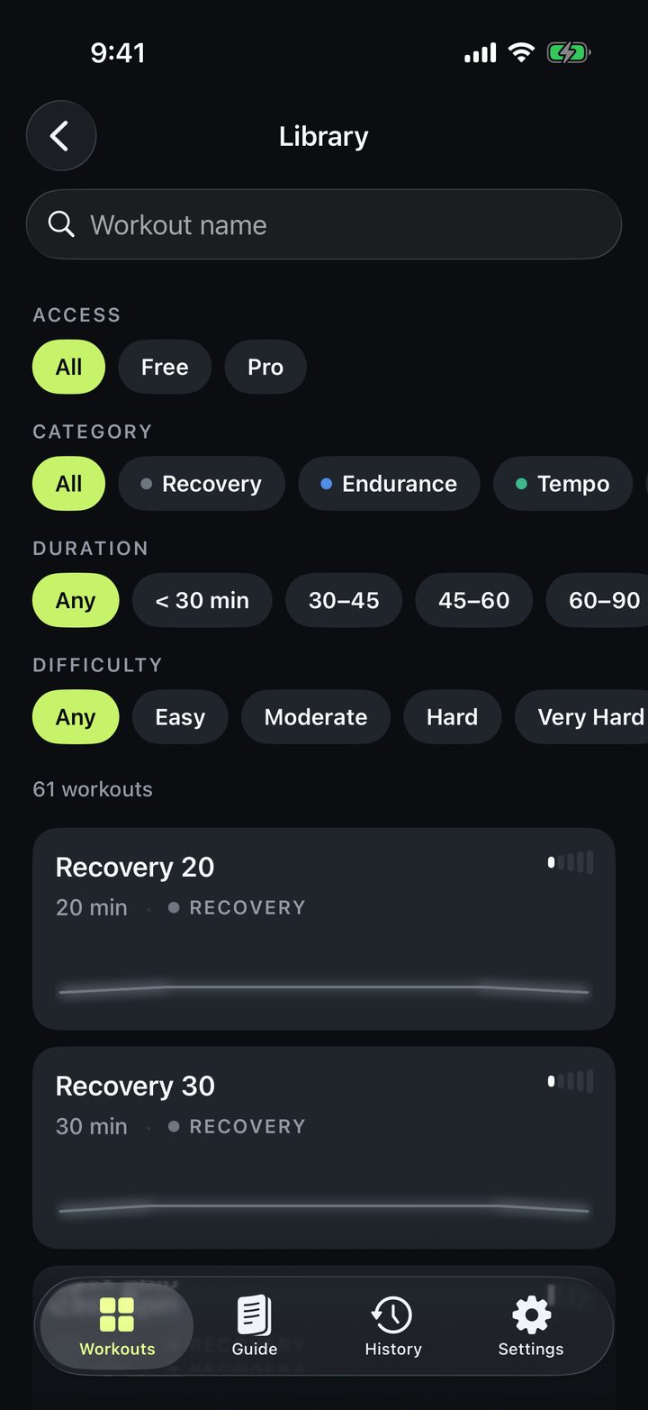 Workout library with filters for access, category, duration and difficulty