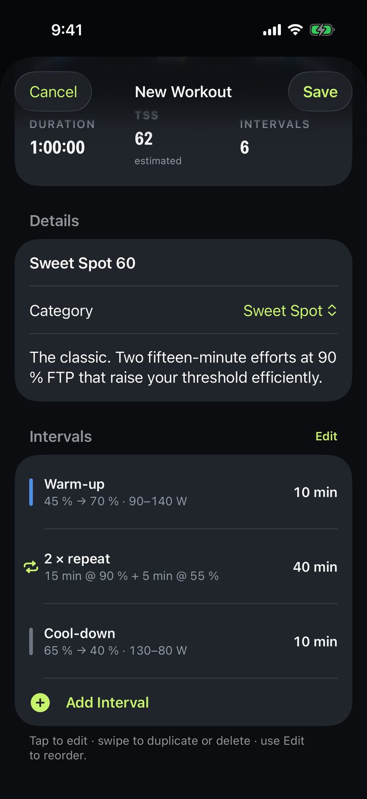 Workout editor with intervals and a repeat block
